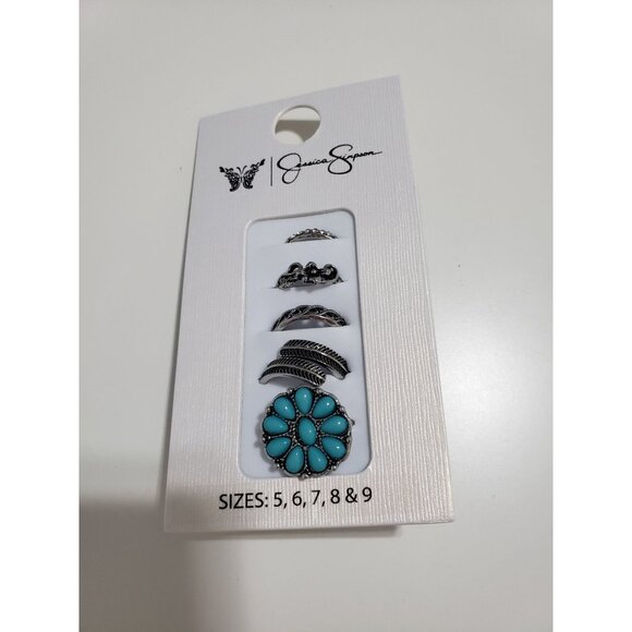 Jessica Simpson Faux Silver Tone  Turquoise Stone Ring Set  Set of 5 - Picture 2 of 7